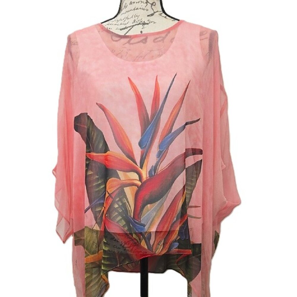 COCOON HOUSE 100% SILK BIRD OF PARADISE ART KIMONO SLEEVE SHEER COVER UP PONCH S